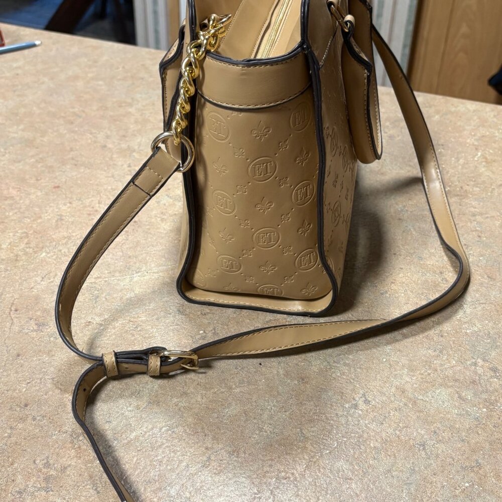 Ellen Tracy Monogram Signature Collection Double Handle Satchel Tan Faux Leather - Picture 4 of 16